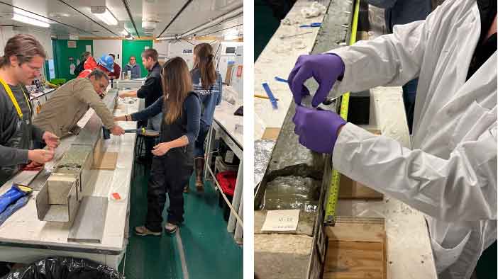 A) Dr. Phillip Bart (Louisiana State University), Dr. Lindsey Prothro Kaple (Texas A&M University – Corpus Christi) and their teams prepping the Kasten core, B) Caleb Boyd taking a sediment sample from the Kasten core.